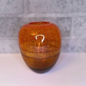 MCM Amber Orange Speckled Art Glass Vase Hand Blown Round 7